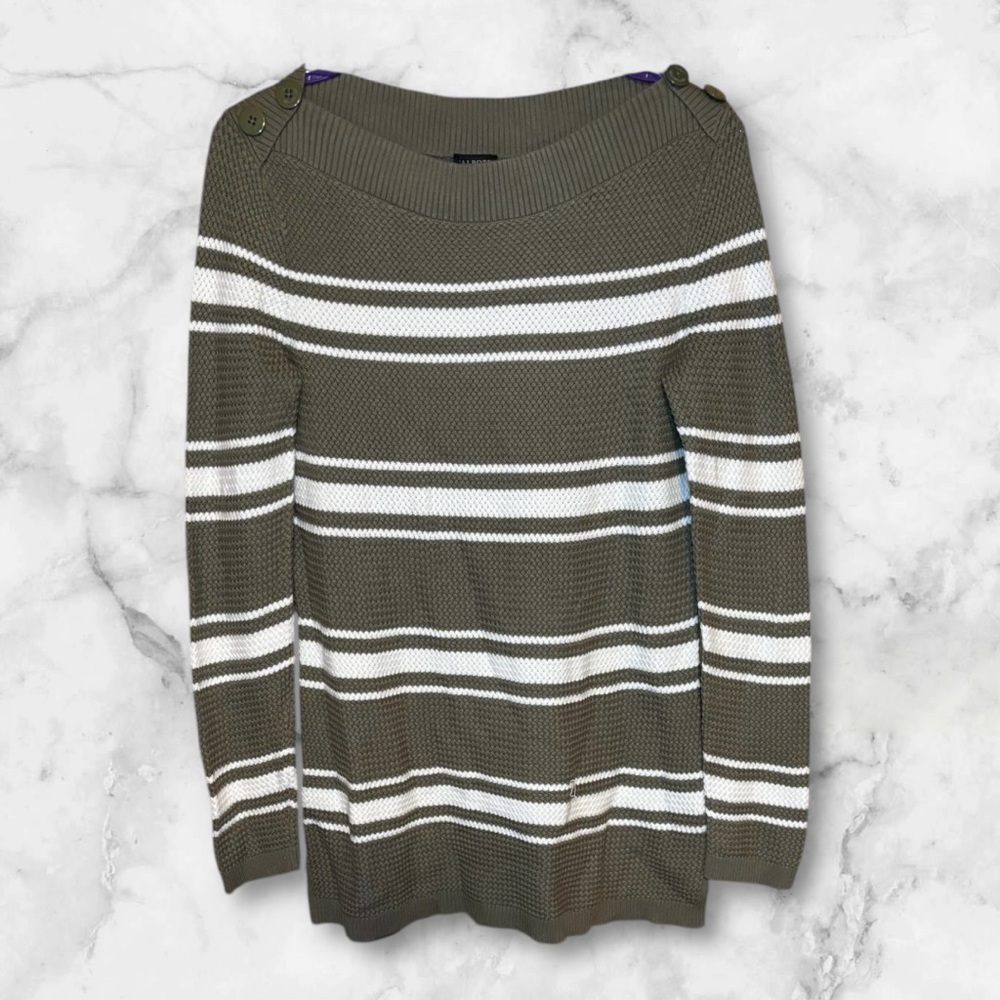 Talbots Green & White Striped Button Shoulder Long Sleeve Chunky Knit Sweater S